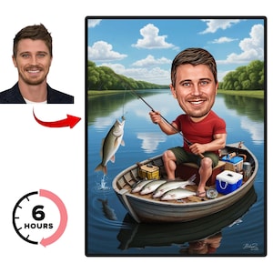 Personalized Fisherman Cartoon Portrait, Custom Fisherman Caricature Drawing from Photo, Funny Fisherman Caricature, Gift for Fisherman Art