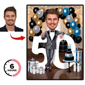 Personalisiertes 50er Jahre Cartoon Portrait | 50er Geburtstag Karikatur | Geburtstag Cartoon | Personalisierte Geburtstagsgeschenk | Mann Geburtstag | Lustiges Geschenk