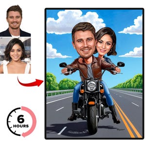 Harley Couple Cartoon Portrait, Personalized Biker Caricature, Custom Motorcycle Couple Drawing, Funny Gift for Biker Couples, Digital Art