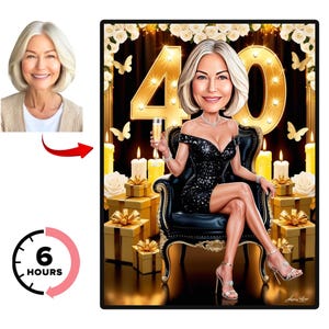 Portrait personnalisé de dessin animé pour 40e anniversaire, cadeau personnalisé pour lui, caricature amusante pour 40e anniversaire, dessin animé unique d'anniversaire de femme