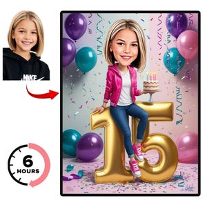Retrato de desenho animado personalizado de 15 anos, caricatura de 15 anos, desenho de caricatura de feliz aniversário personalizado, desenho animado de 15 anos, caricatura de aniversário