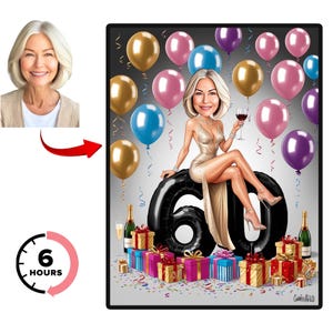 Personalisierte Frau 60. Cartoon Portrait, benutzerdefinierte alles Gute zum Geburtstag Karikatur Zeichnung, lustige Karikatur, Frau Geburtstag, glücklich 40.50.30.