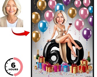 Personalised Woman 60th Cartoon Portrait, Custom Happy Birthday Caricature Drawing, Funny Caricature, Woman Birthday, Happy 40th 50th, 30th