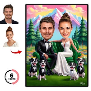 Personalized Couple Wedding Caricature Pet Portrait, Custom Cartoon Pet Portrait, Dog Cartoon Portrait Cat, Wall Art for Pet Lovers.