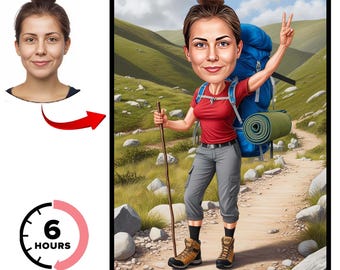 Personalized Hiking Cartoon Portrait, Hiking Portrait, Gift for Hiking, Hiking Cartoon, Hiking Caricature, Funny Hiker Cartoon, Custom Hiker