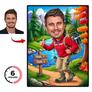 Personalized Hiking Cartoon Portrait, Hiking Portrait, Gift for Hiking, Hiking Cartoon, Hiking Caricature, Funny Hiker Cartoon, Custom Hiker