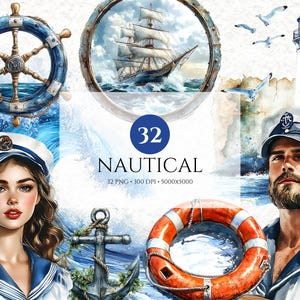 Watercolor Nautical Marine Cliparts, Navy Junk Journal Nautical Images, Sailor Clipart, Sea Ocean Graphics, Bundle Commercial Use, PNG