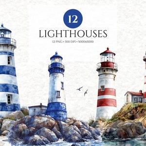 Watercolor Lighthouse Nautical Marine Cliparts, Navy Junk Journal Nautical Images, Sailor Clipart, Sea Ocean Graphics, Bundle Commercial Use