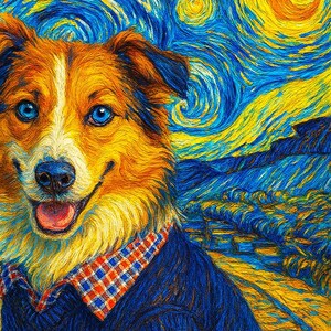 May include: A digital painting of a dog in the style of Van Gogh's "Starry Night." The dog has blue eyes, brown and yellow fur, and is wearing a blue sweater over a plaid shirt. The background features swirling blue and yellow brushstrokes.