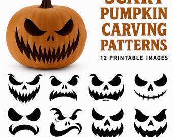 Può includere: Una zucca arancione con un volto intagliato, frastagliato e dentato con occhi scuri. Sotto ci sono otto espressioni facciali nere in stile stencil per l'intaglio. Il testo recita: SCARY PUMPKIN CARVING PATTERNS 12 PRINTABLE IMAGES.