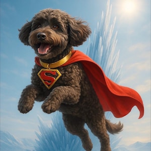 May include: A brown dog wearing a red cape and a gold Superman emblem, flying against a blue sky. The dog has a happy expression, with its tongue out. The background includes icy formations and a bright sun.