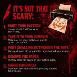 Pu&ograve; includere: Uno sfondo nero con testo rosso intitolato IT'S NOT THAT SCARY: con una grafica di una stampante e cinque passaggi numerati per intagliare una zucca. Le istruzioni includono la stampa di un modello, l'applicazione, la foratura e l'intaglio accurato.
