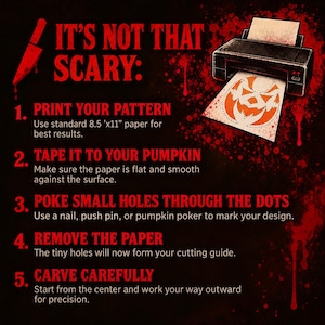 May include: A black background with red text titled IT'S NOT THAT SCARY: featuring a printer graphic and five numbered steps for pumpkin carving. Instructions include printing a pattern on A4 paper, taping it, poking holes, removing paper, and carving carefully.