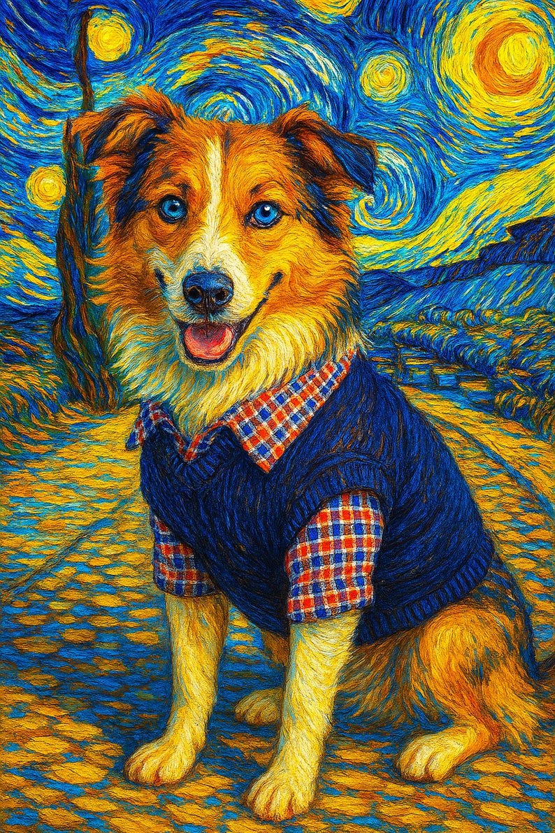 May include: A digital painting of a dog in the style of Van Gogh's "Starry Night." The dog has blue eyes, brown and yellow fur, and is wearing a blue sweater over a plaid shirt. The background features swirling blue and yellow brushstrokes.