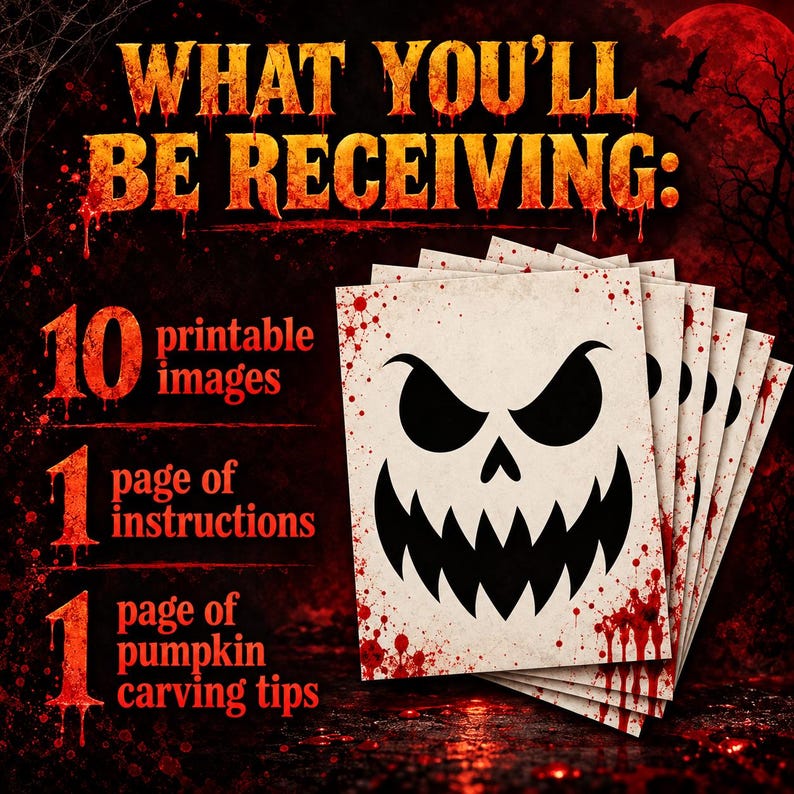 K&ouml;nnte beinhalten: Ein Set aus 10 druckbaren Bildern mit einem schwarzen K&uuml;rbisgesicht auf wei&szlig;em Hintergrund und roten Blutspritzern. Der Text lautet: WHAT YOU'LL BE RECEIVING: 10 printable images, 1 page of instructions, 1 page of pumpkin carving tips.