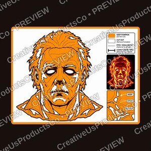Pu&ograve; includere: Uno stencil per intagliare zucche con un'illustrazione dettagliata di un volto maschile con capelli spettinati e camicia colletto. Il design include una legenda con istruzioni per tagliare, incidere e lasciare connettori, oltre a un'anteprima.