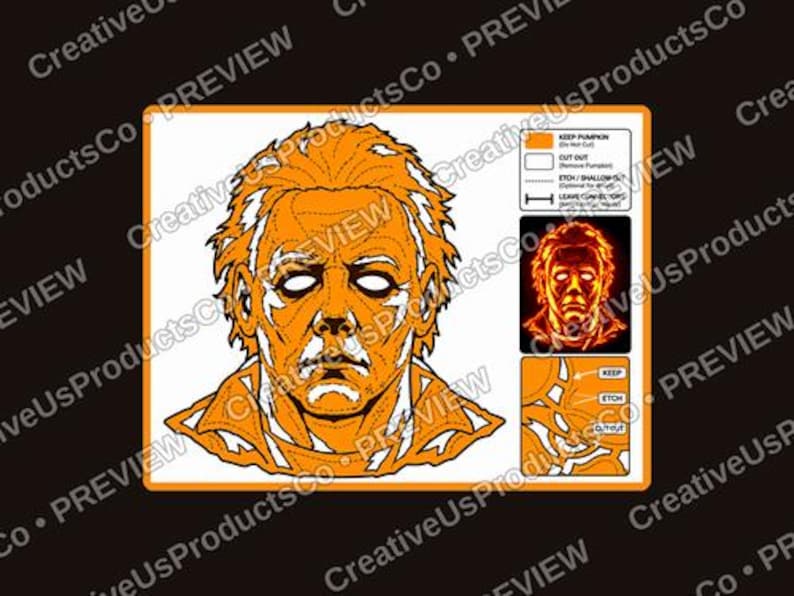 Pu&ograve; includere: Uno stencil per intagliare zucche con un'illustrazione dettagliata di un volto maschile con capelli spettinati e camicia colletto. Il design include una legenda con istruzioni per tagliare, incidere e lasciare connettori, oltre a un'anteprima.