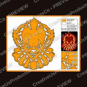May include: A pumpkin carving stencil featuring the face of a clown with a ruffled collar. The design includes a legend with orange for keep, white for cut out, dotted lines for etch, and bars for connectors, plus a small preview image.