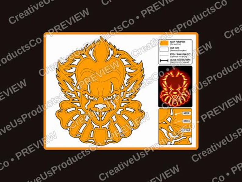 May include: A pumpkin carving stencil featuring the face of a clown with a ruffled collar. The design includes a legend with orange for keep, white for cut out, dotted lines for etch, and bars for connectors, plus a small preview image.