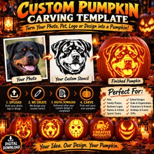 Custom Pumpkin Carving Template from Your Photo, Personalized Pet Portrait Jack-o-Lantern Stencil, Printable Digital File image 1