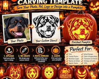 Modello personalizzato per intagliare zucche a partire dalla tua foto, stencil personalizzato per zucca di Halloween con ritratto di animale domestico, file digitale stampabile.