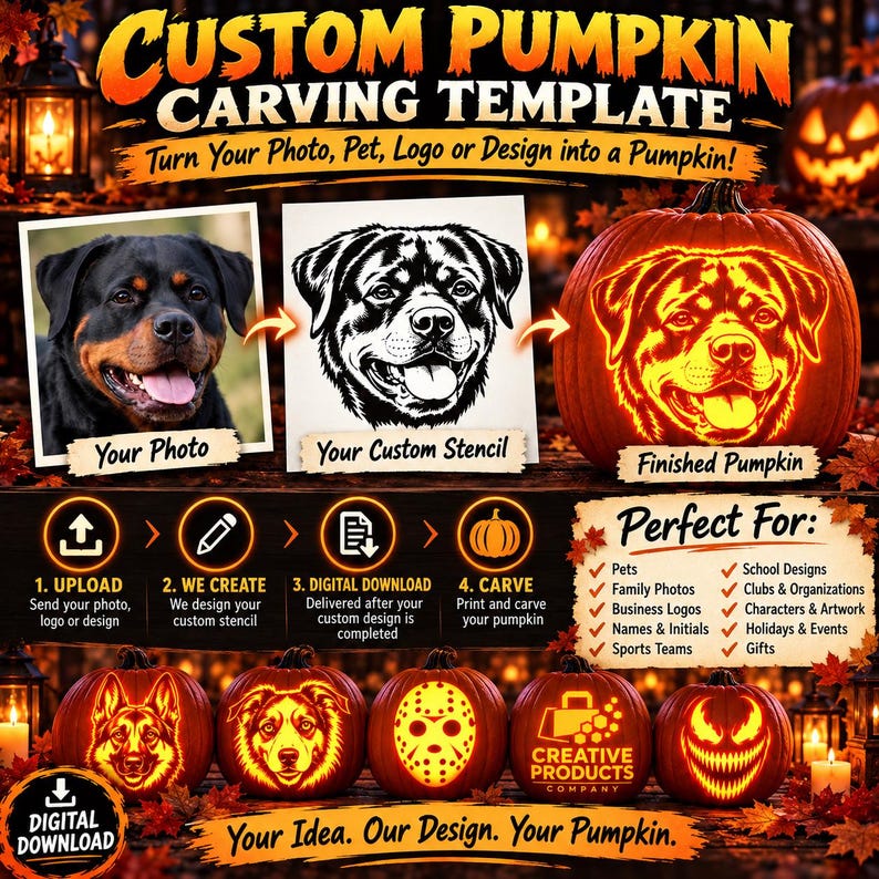 Custom Pumpkin Carving Template from Your Photo, Personalized Pet Portrait Jack-o-Lantern Stencil, Printable Digital File image 1