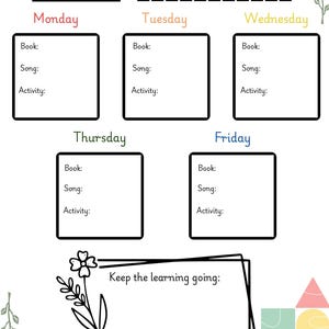May include: A printable weekly planner template with a black and white floral design. The planner is divided into five sections for each day of the week: Monday, Tuesday, Wednesday, Thursday, and Friday. Each section has space to write in a book, song, and activity.