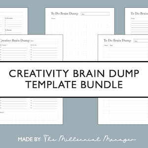 Puede incluir: Un conjunto de cinco plantillas de volcado de cerebro imprimibles para listas creativas y de tareas. Las plantillas se titulan "Creative Brain Dump" y "To Do Brain Dump". Las plantillas están hechas por The Millennial Manager.