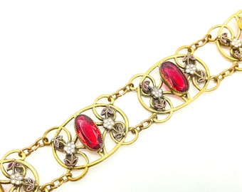 30s Czech Red Rhinestone Bracelet for Women, 1930s Vintage Art Deco Jewelry, Neiger Style, Enamel Floral Gold Brass Links, Marquise Stones