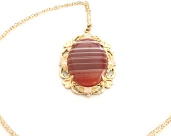 40s Agate Pendant Necklace for Women, Vintage Art Deco Jewelry, 18" Gold Filled Chain with Oval Striped Gemstone Cabochon, Art Nouveau Frame