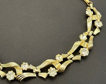 60s Gold Rhinestone Choker for Women, 1960s Vintage Lisner Jewelry, 17" Adjustable Gold Collar Necklace w/ Clear Round Stones, Bridal Choker