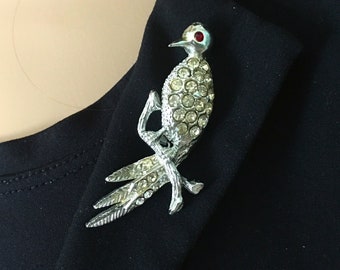 Silver Rhinestone Bird Brooch for Women, 50s Vintage Animal Jewelry, Figural Bird Perched on Branch, Red Eye, 2.5" Tall