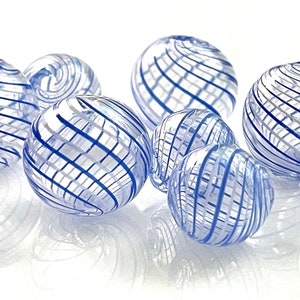 5 Pcs Glass Bubble Beads for Jewelry Making, 10mm 11mm 14mm Hand Blown Clear Hollow Globes w/ Swirled Blue and White Stripes, Two Holes 1mm