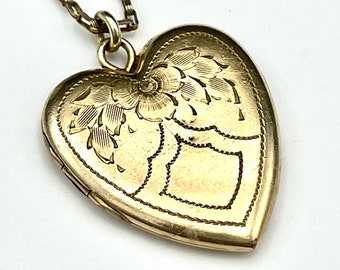 40s Gold Filled Heart Locket Necklace for Women, Vintage Art Deco Jewelry, Signed Cheever Tweedy with Etched Floral Design, 20" Cable Chain