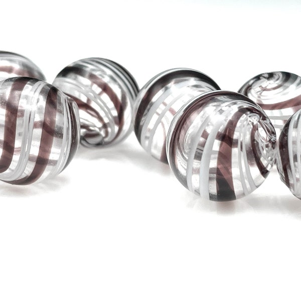 5 Pcs Hollow Glass Beads for Jewelry Making, 13mm Hand Blown Clear Bubbles, Black/Brown & White Spiral Stripes, Lampwork Globes, 2 Holes 1mm