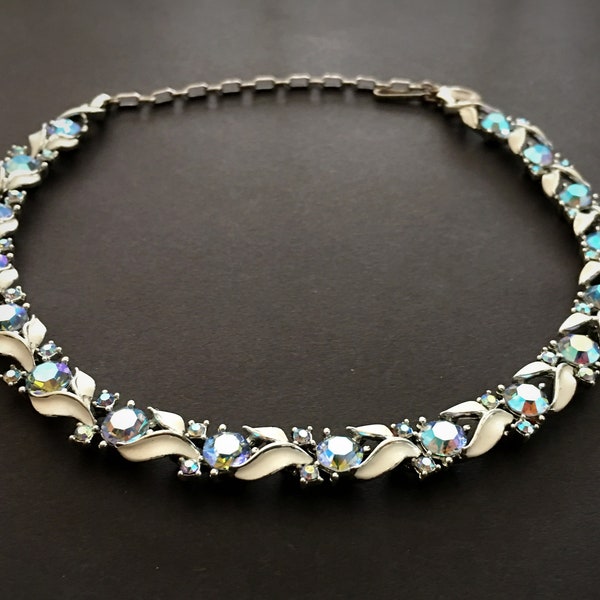 60s Blue Rhinestone Choker for Women, Vintage Jewelry, 17" Adjustable Silver Lisner Necklace, Aurora Borealis Stones, White Enamel Floral