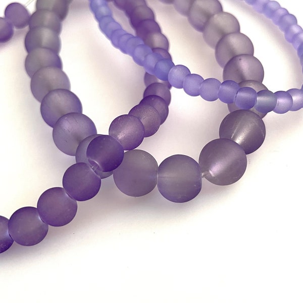 50 Pcs Cultured Sea Glass Beads for Jewelry Making, 4mm 6mm 8mm Purple Frosted Rounds, Matte Lavender Lilac, Cross Drilled, 1mm Hole CFB25