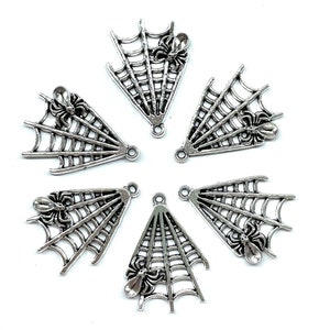 4 Pcs Halloween Charms For Jewelry Making, Halloween Jewelry, Spider in Web Pendant, 1.25&quot; Silver Spiderweb, Halloween Earrings, 2mm Hole