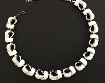 60s Lisner Silver & White Necklace for Women, Vintage Costume Jewelry, Adjustable Lucite Choker, Mid Century MCM Vintage Collar Necklace