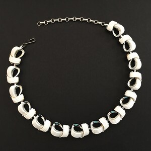 60s Lisner Silver & White Necklace for Women, Vintage Costume Jewelry, Adjustable Lucite Choker, Mid Century MCM Vintage Collar Necklace