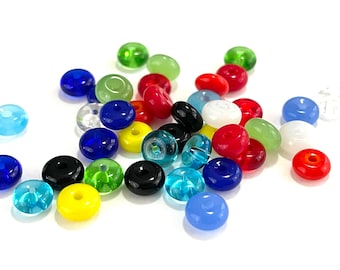 50 Pcs Assorted Glass Beads for Jewelry Making, Tiny Blue Green Red Yellow Rondelle, Donut Disc Spacer, Necklace Bracelet, 6 x 3mm, 1mm Hole