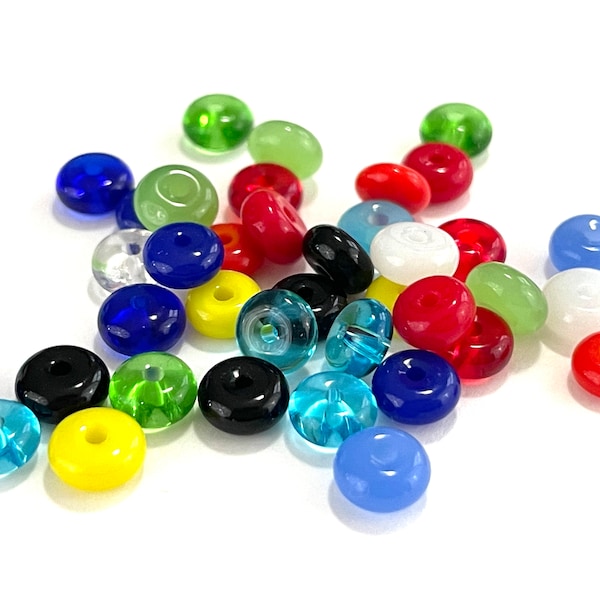 50 Pcs Assorted Glass Beads for Jewelry Making, Tiny Blue Green Red Yellow Rondelle, Donut Disc Spacer, Necklace Bracelet, 6 x 3mm, 1mm Hole