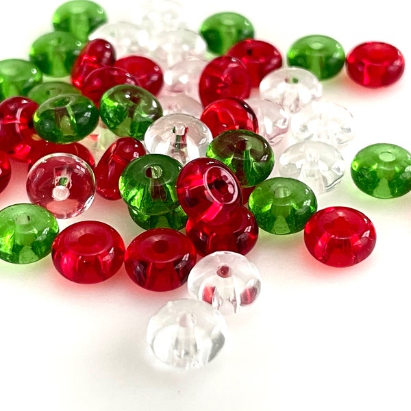 50 Pcs Christmas Mix Glass Beads for Jewelry Making, 6mm x 3mm Assorted Red Green Clear Donut Spacer, Holiday Crafts, Xmas Ornament 1mm Hole