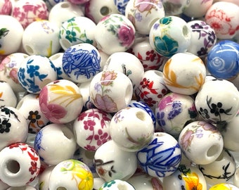 100 Pcs Assorted Ceramic Beads for Jewelry Making, Porcelain Flower Beads 6mm 8mm 10mm, Sunflower Roses Bamboo Cherry Blossom CCBMix