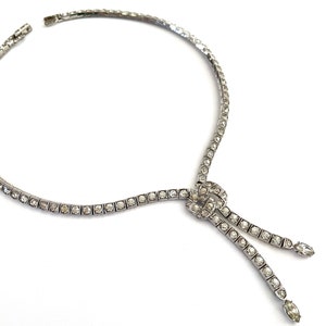 30s Sterling Silver Wedding Necklace, Vintage Art Deco Jewelry, 15.5&quot; Bridal Choker, Signed Otis Rhinestone Lariat Necklace, Clear Stones