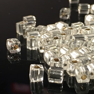 10 gm Square Glass Beads for Jewelry Making, 4mm Clear Spacers, Silver Lined Transparent Miyuki SB 1 Cubes, Tiny Bracelet Beads