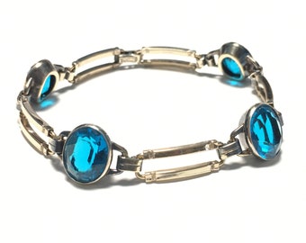 Art Deco Bracelet, Art Deco Jewelry, Engel Brothers Rhinestone Jewelry, Vintage Jewelry, Blue Rhinestone Bracelet Gold Filled Open Set Stone