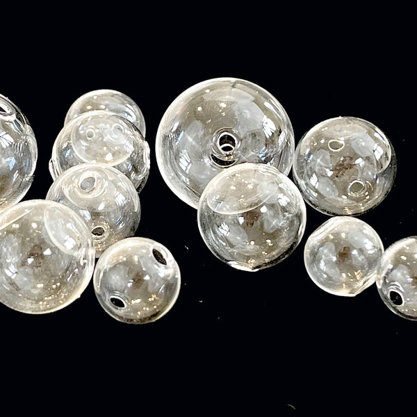 5 Pcs Hollow Glass Beads for Jewelry Making, Clear Hand Blown Bubbles, Handmade Round Globe, 10mm 12mm 14mm 16mm 20mm, Two Holes 1mm