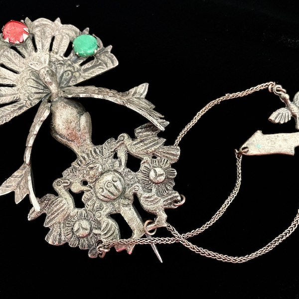 Antique Peruvian Shawl Pin for Women, South American Tupu, Silver Peacock Brooch w/ Green & Red Glass Stones, Dangling Hat Fish Bird Charms
