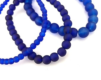 50 Pcs Blue Cultured Sea Glass Beads for Jewelry Making, 4mm 6mm 8mm 10mm Cobalt Frosted Round, Necklaces, Bracelet Beads, 1mm Hole CFB09